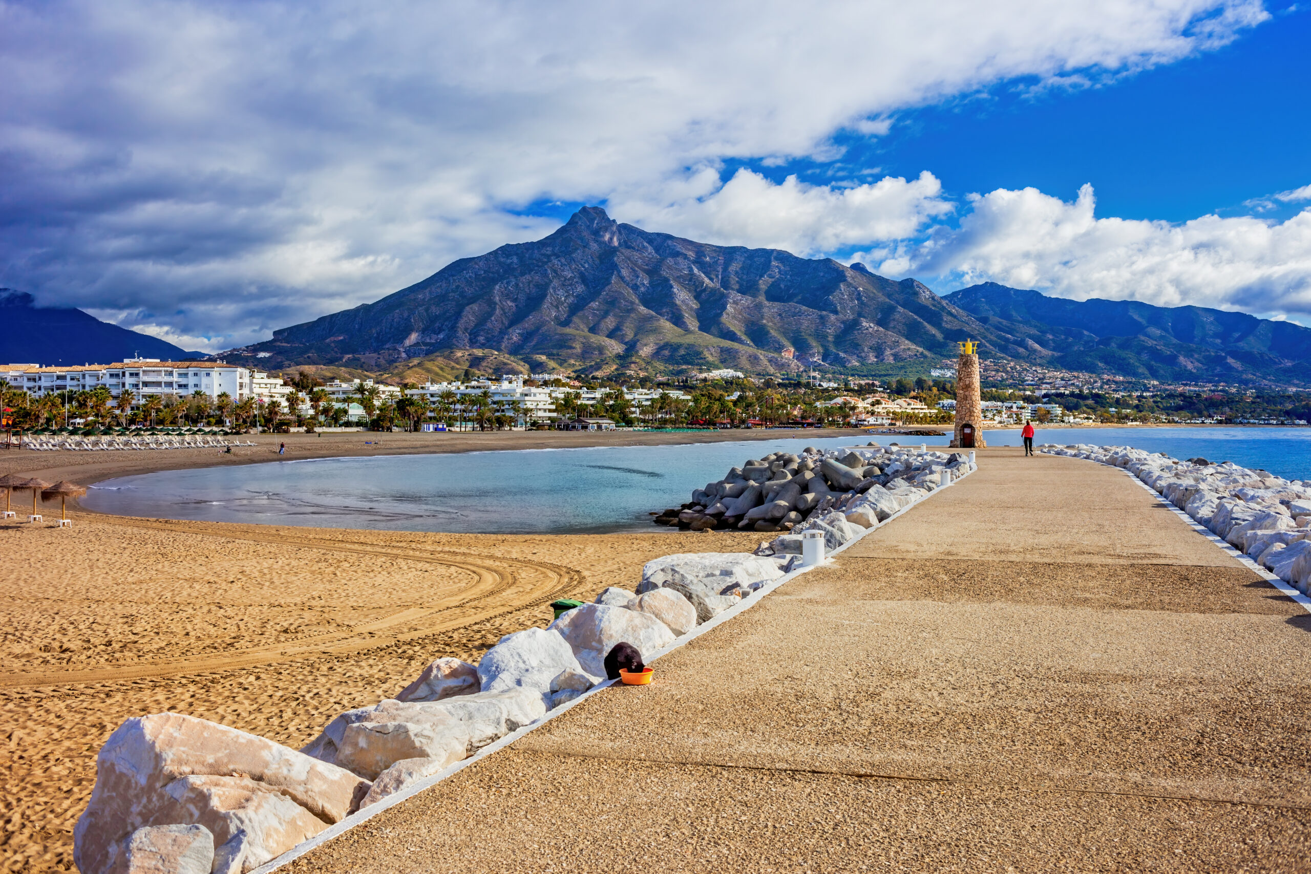 Beach,,Sea,,Promenade,And,Mountains,,Summer,Vacation,Scenery,In,Puerto