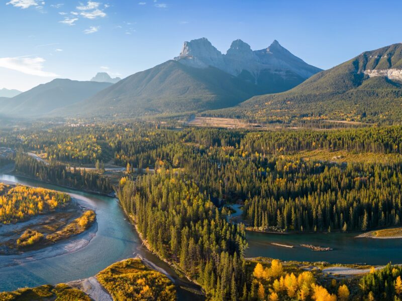 Aerial,View,Of,Canadian,Rockies,Mountain,Range,And,Bow,River
