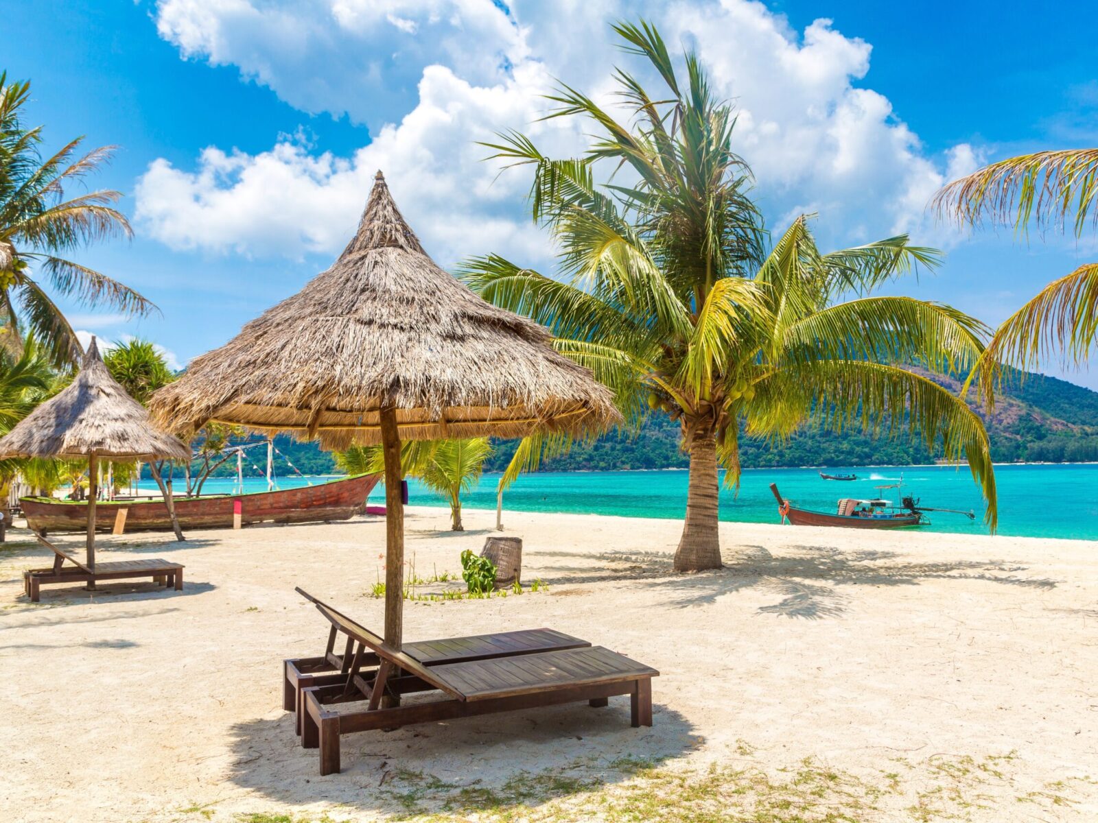 Parasol,,Sunbed,And,Palm,Tree,On,A,Tropical,Beach,In