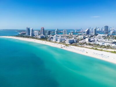 Miami,Beach,On,Blue,Sky.,Skyline,Aerial,View.,Miami,City.