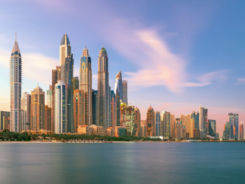 Dubai,Marina,And,Famous,Jumeirah,Beach,At,Sunrise,,United,Arab