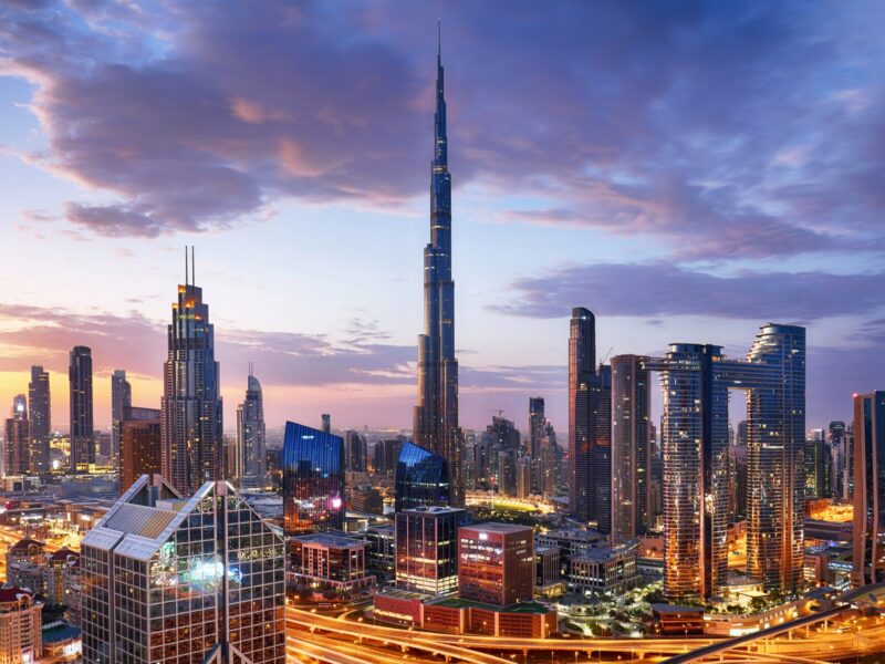Burj,Khalifa,Skyline,In,Dubai,At,Dramatic,Sunset,-,Aerial