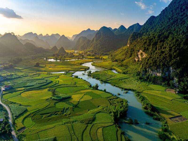 Aerial,Landscape,In,Phong,Nam,Valley,Cinematic,Sunset,,Cao,Bang