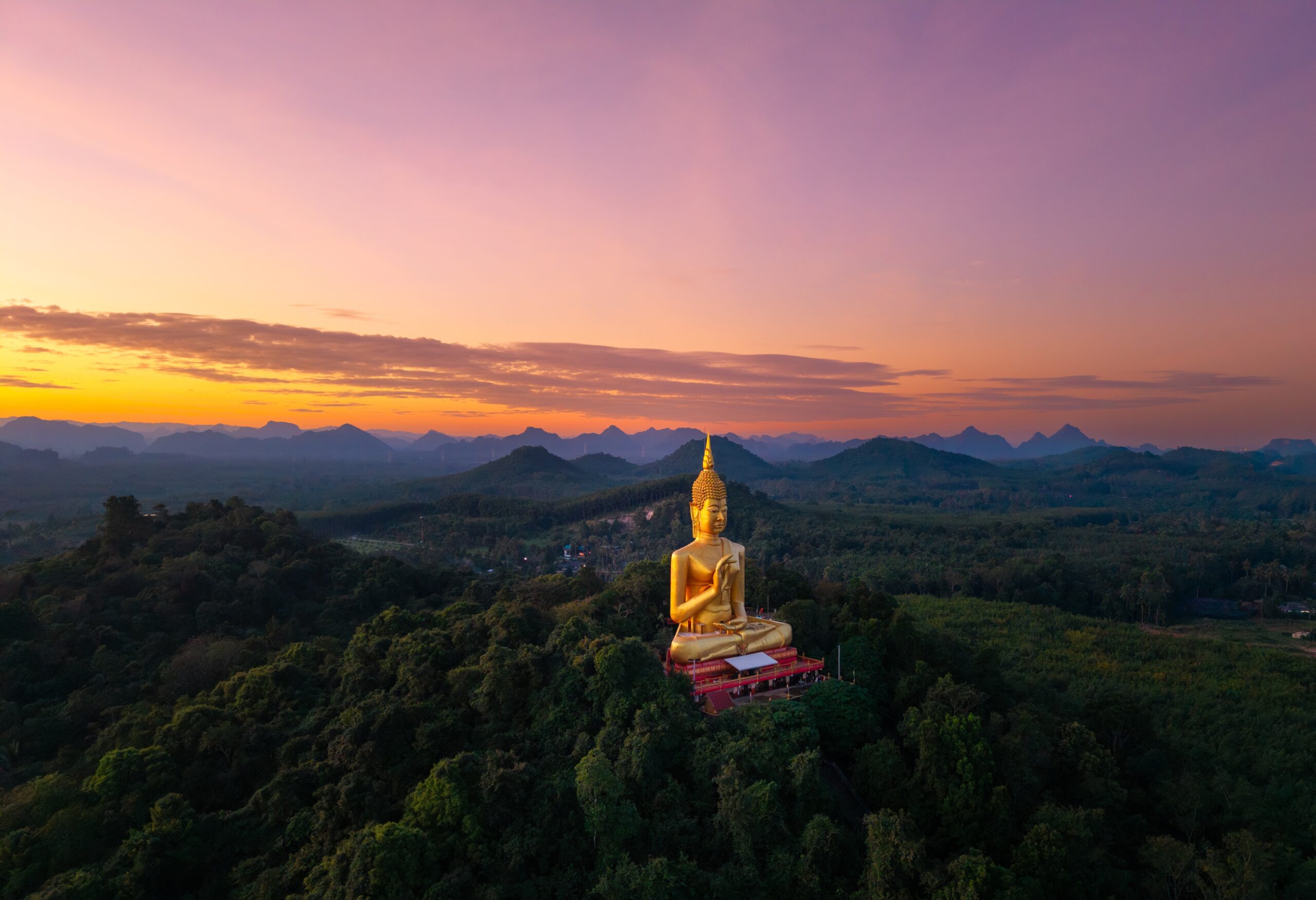 Sunset,Panorama,Gold,Big,Buddha,In,Thailand.,Aerial,Top,View